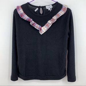 Laura Ashley Girls Black Long Sleeve Fleecy Top with Plaid Ruffle, Large